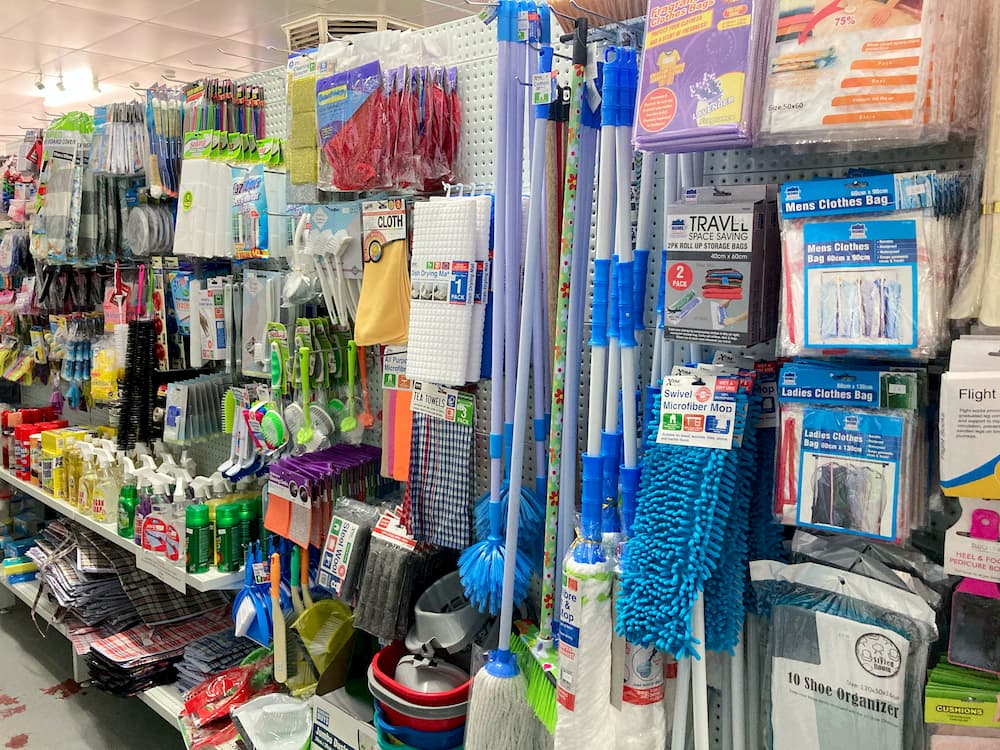 Cloths, brooms, mops, cleaning chemicals, tea towels, travel bags, clothes bags, and more.