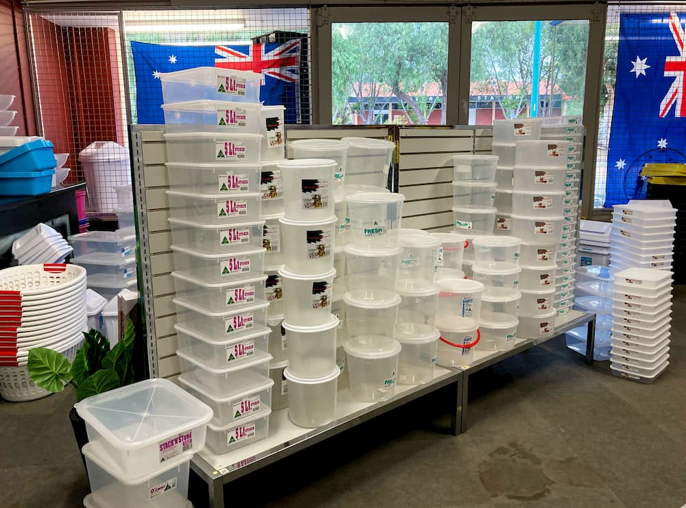 Storage containers and laundry baskets.