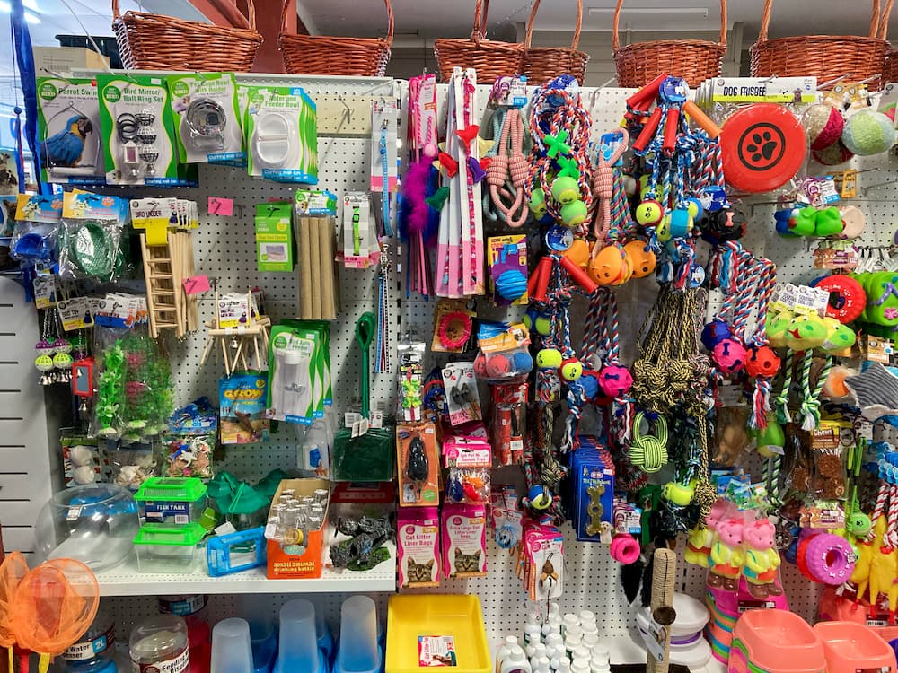Pet supplies, including dog leads, food bowls, aquarium ornaments, water dispensers, and toys for dogs, cats, and birds.