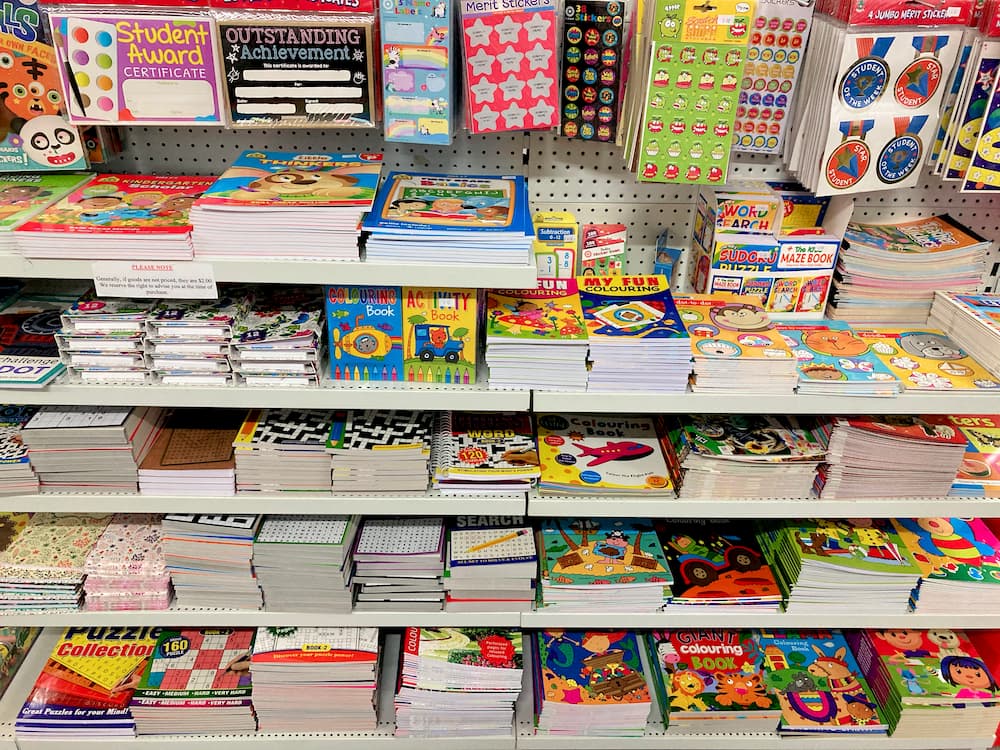 Picture books and activity books for children, as well as sudoku, crossword, word search, fill-ins, and other puzzle books.